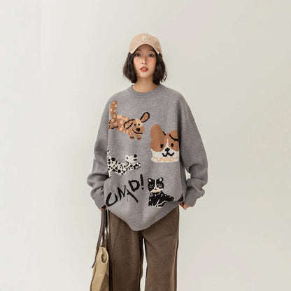 Retro Puppy Printed Pullover Crew Neck Sweater