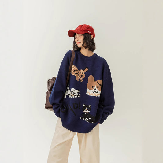 Retro Puppy Printed Pullover Crew Neck Sweater