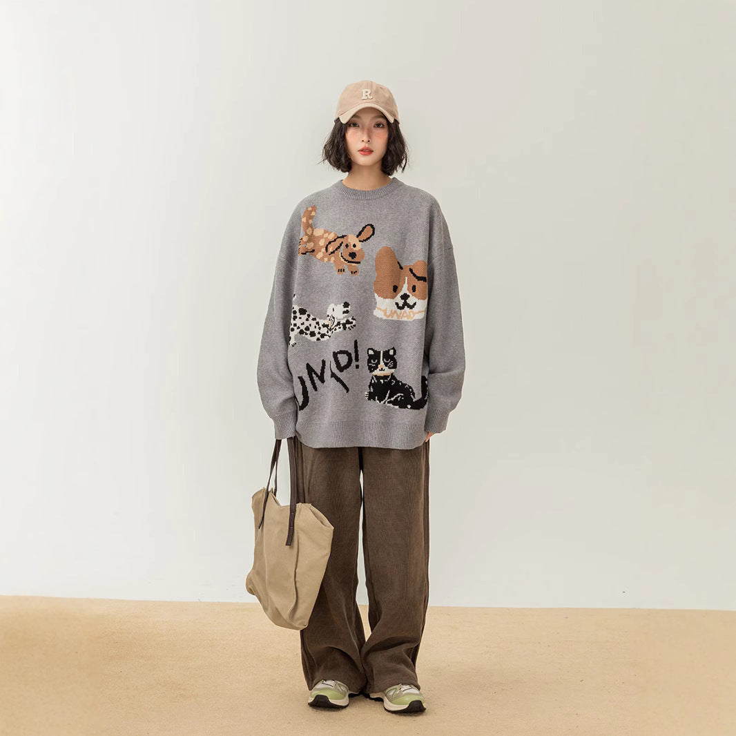 Retro Puppy Printed Pullover Crew Neck Sweater