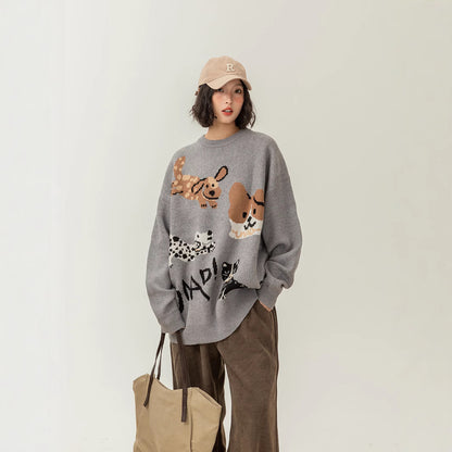 Retro Puppy Printed Pullover Crew Neck Sweater