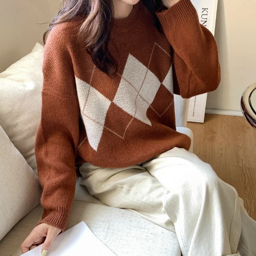 Women's Korean-style Casual Rhombus Loose Pullover Sweater