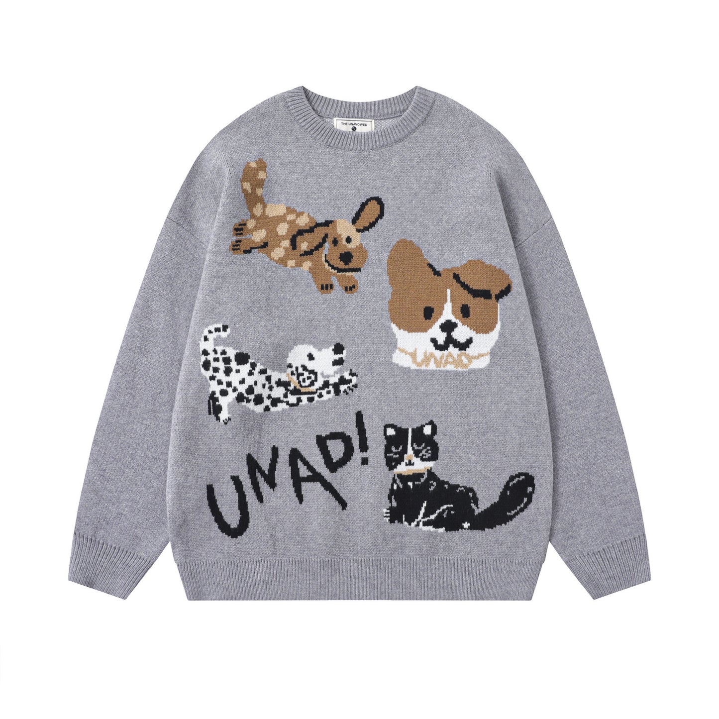 Retro Puppy Printed Pullover Crew Neck Sweater