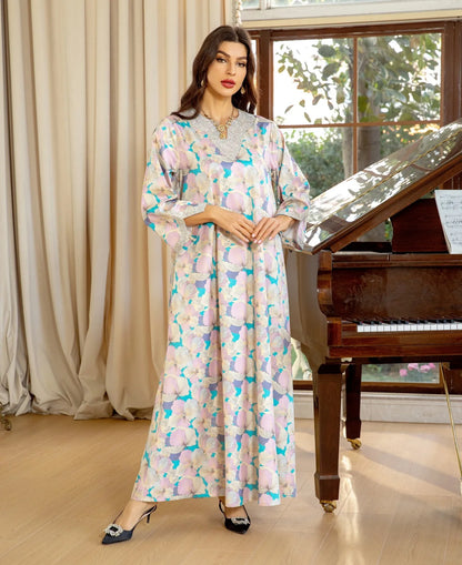 Dubai Fashion Diamonds Elegant Printing Long Dresses Muslim Eid Casual Party Gown Moroccan Saudi Women Abayas 2025 New AB383