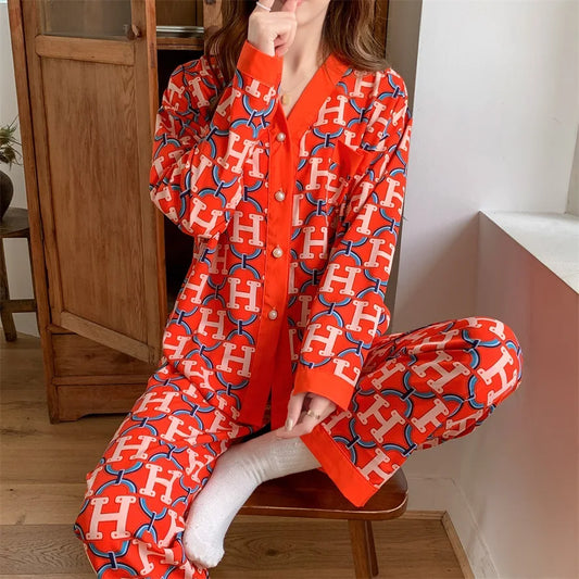 Spring and Fall Women's Pajamas Set Large Size Loose Fit Huar Mian Cardigan Sweet Cartoon Homewear