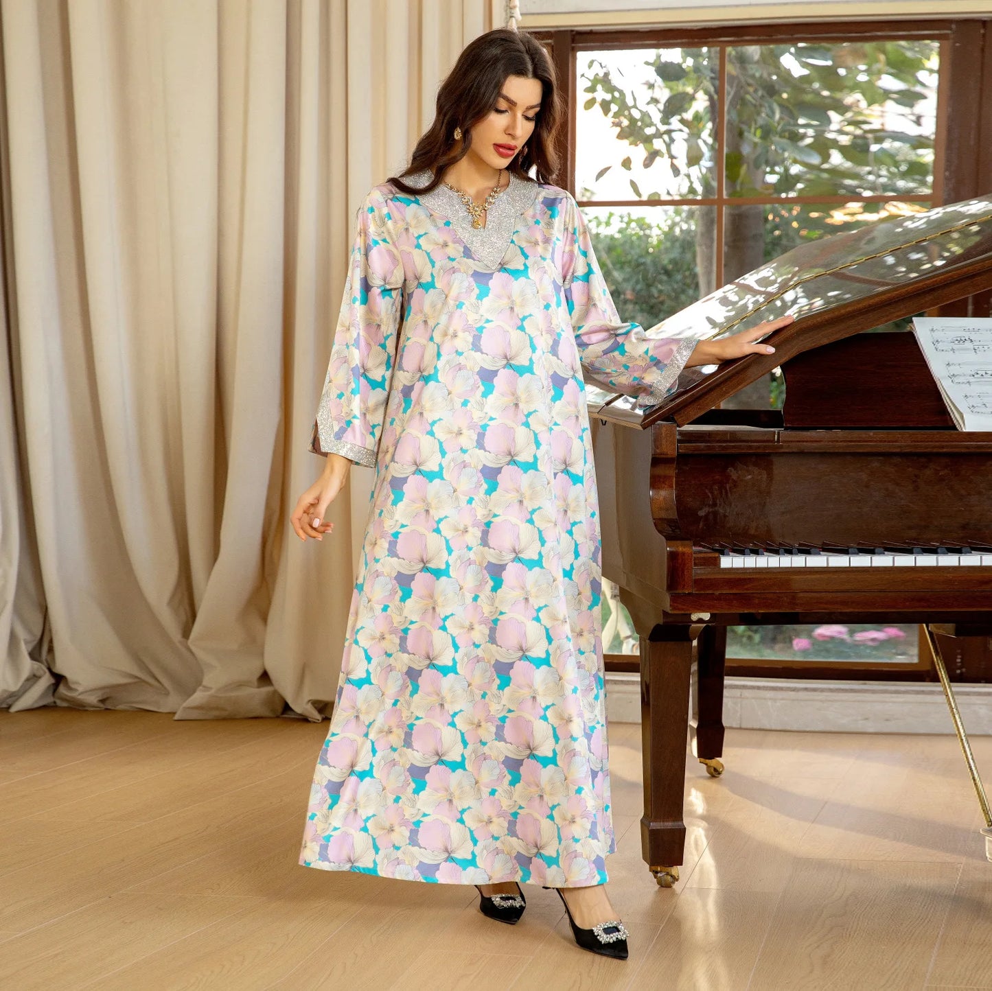 Dubai Fashion Diamonds Elegant Printing Long Dresses Muslim Eid Casual Party Gown Moroccan Saudi Women Abayas 2025 New AB383