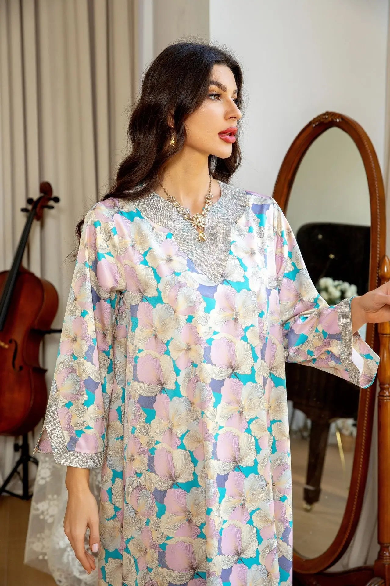 Dubai Fashion Diamonds Elegant Printing Long Dresses Muslim Eid Casual Party Gown Moroccan Saudi Women Abayas 2025 New AB383