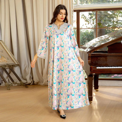 Dubai Fashion Diamonds Elegant Printing Long Dresses Muslim Eid Casual Party Gown Moroccan Saudi Women Abayas 2025 New AB383