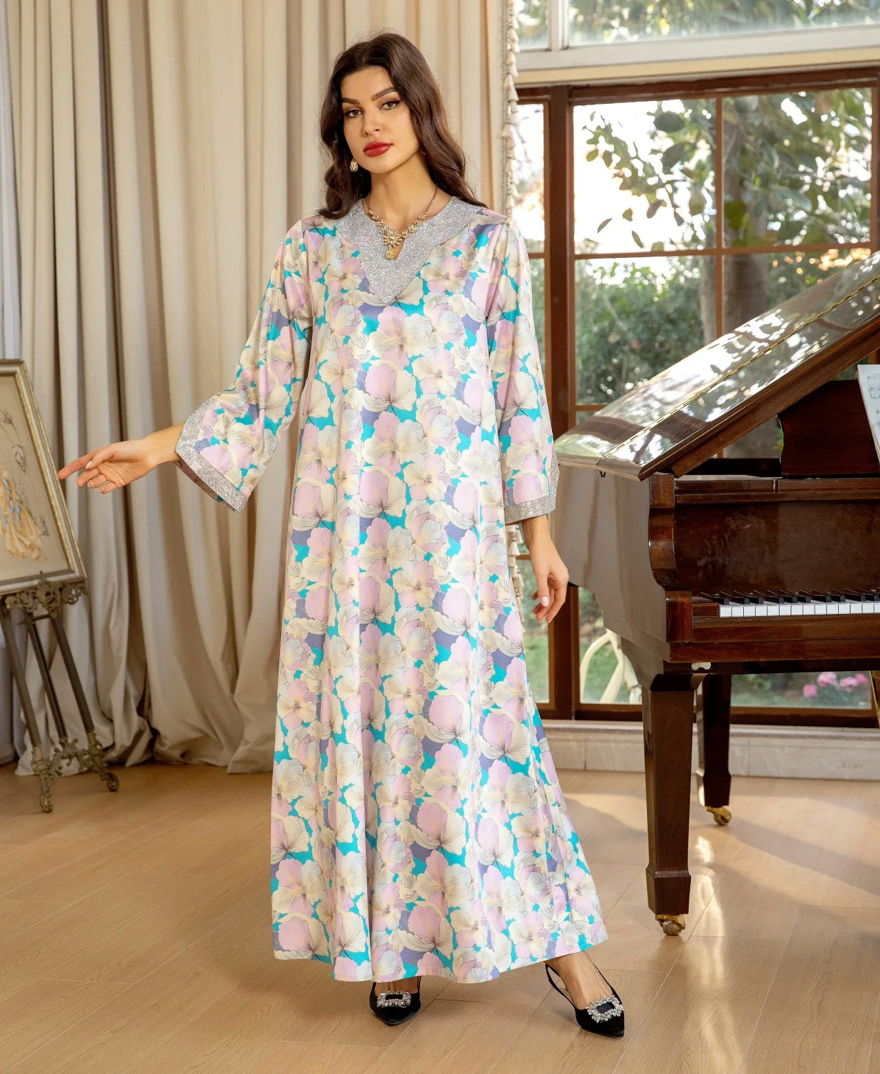 Dubai Fashion Diamonds Elegant Printing Long Dresses Muslim Eid Casual Party Gown Moroccan Saudi Women Abayas 2025 New AB383