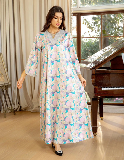 Dubai Fashion Diamonds Elegant Printing Long Dresses Muslim Eid Casual Party Gown Moroccan Saudi Women Abayas 2025 New AB383