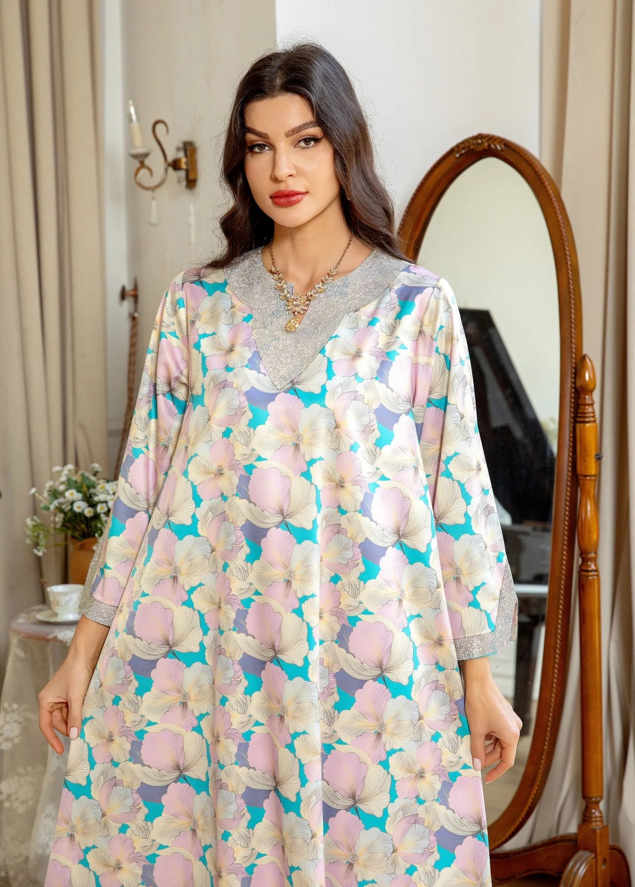 Dubai Fashion Diamonds Elegant Printing Long Dresses Muslim Eid Casual Party Gown Moroccan Saudi Women Abayas 2025 New AB383