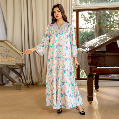 Dubai Fashion Diamonds Elegant Printing Long Dresses Muslim Eid Casual Party Gown Moroccan Saudi Women Abayas 2025 New AB383