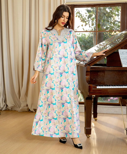 Dubai Fashion Diamonds Elegant Printing Long Dresses Muslim Eid Casual Party Gown Moroccan Saudi Women Abayas 2025 New AB383