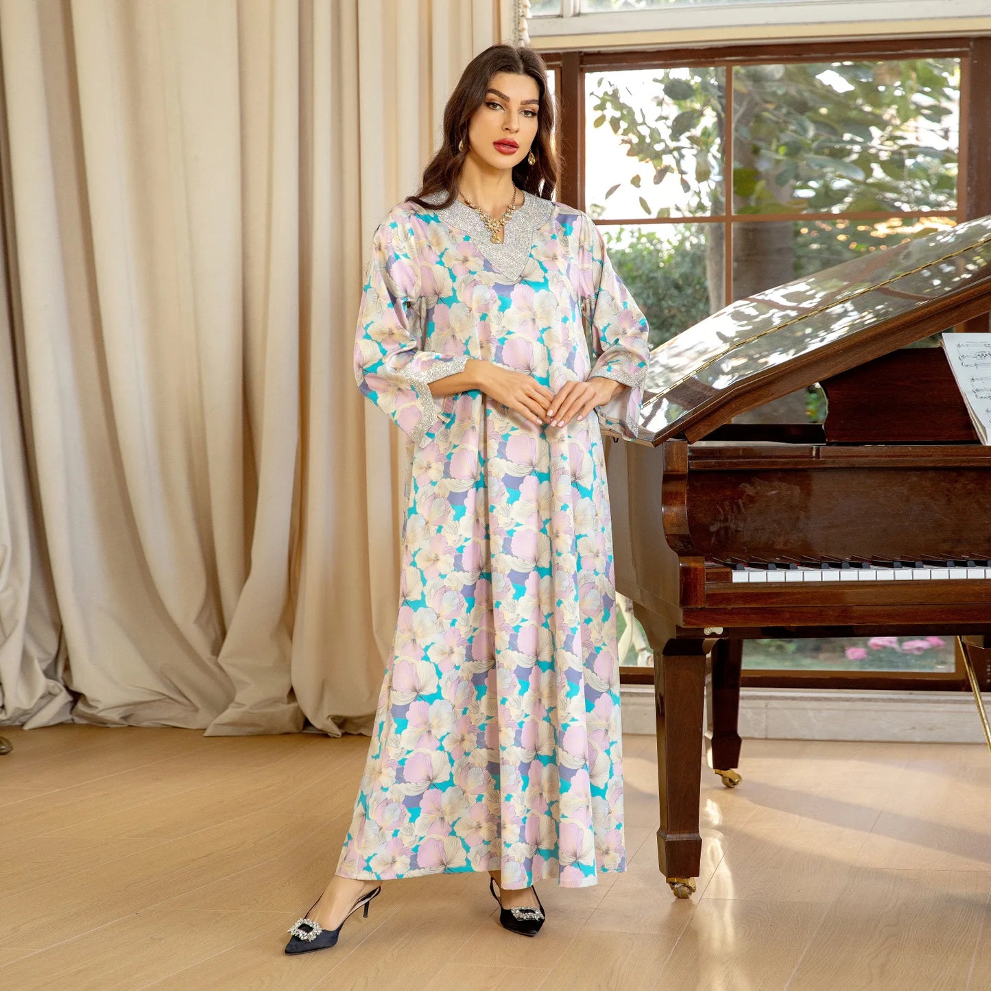 Dubai Fashion Diamonds Elegant Printing Long Dresses Muslim Eid Casual Party Gown Moroccan Saudi Women Abayas 2025 New AB383