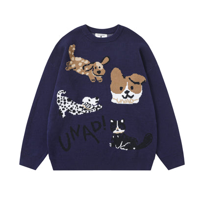 Retro Puppy Printed Pullover Crew Neck Sweater