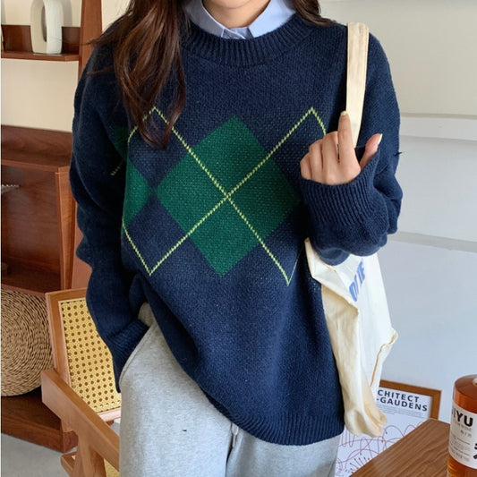 Women's Korean-style Casual Rhombus Loose Pullover Sweater